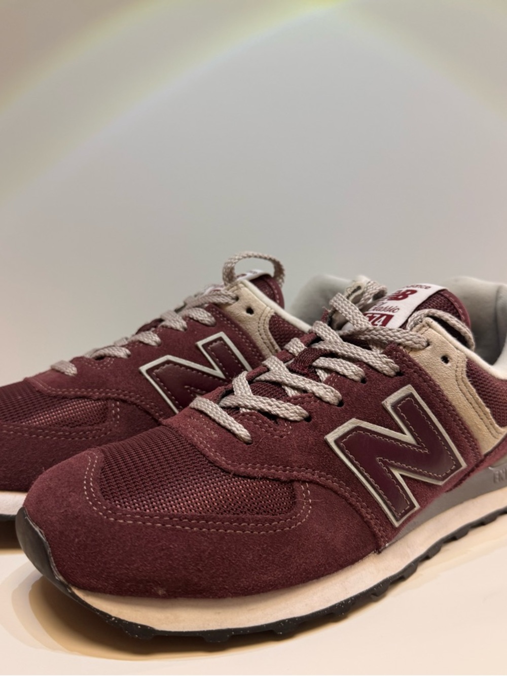 New Balance Women’s 574 Sneakers FM in Burgundy and Beige